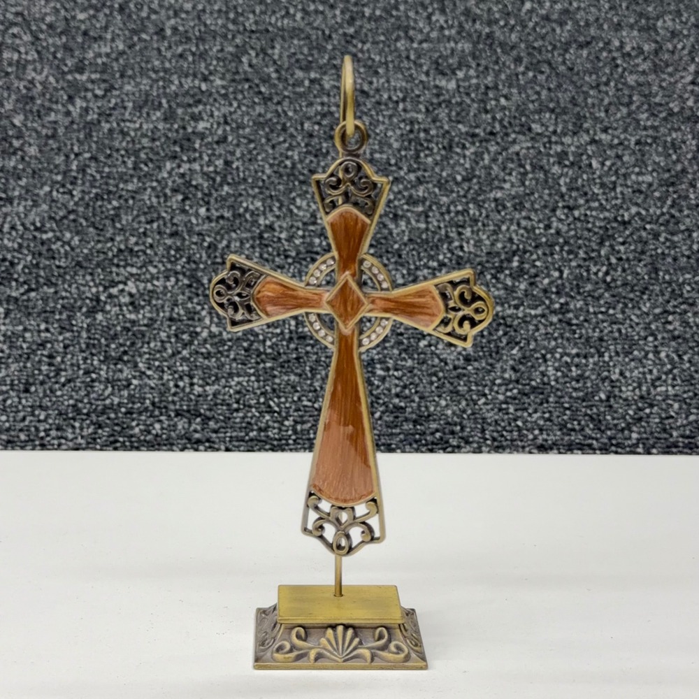 Celtic Cross Ornament with Stand Antique Brass‎ Brown Enamel Rhinestone 5 Inch